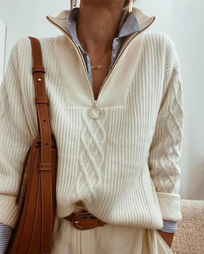 Alma - Sweater with Half Zip - Beige / S