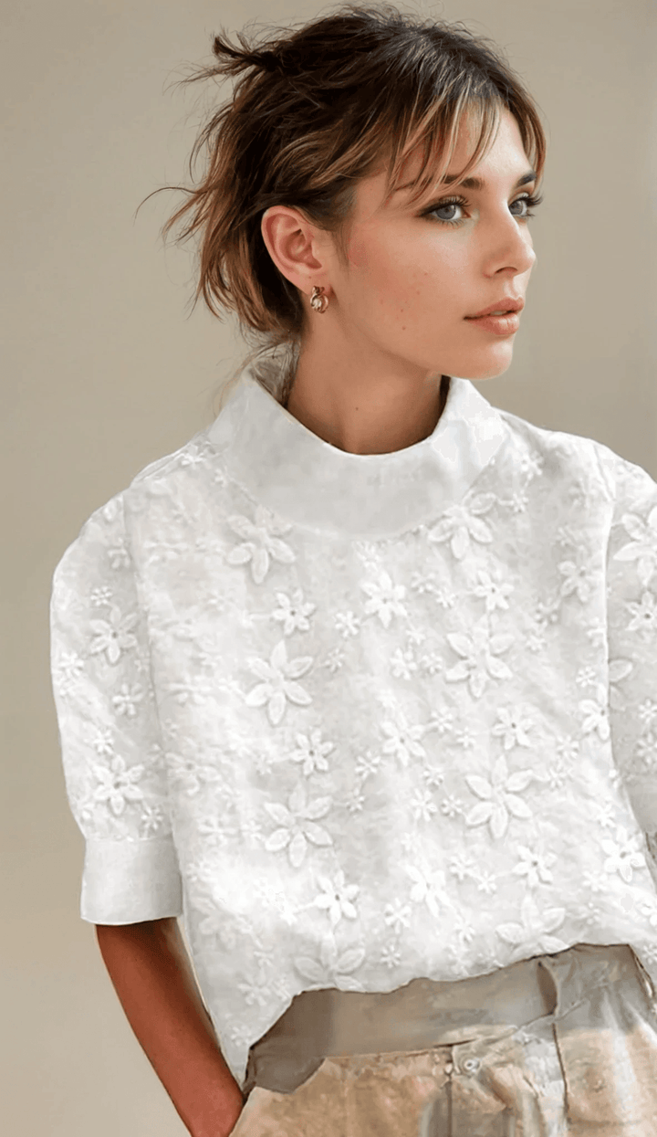 Maddison | Blouse with Embroidered Simple Stand Collar