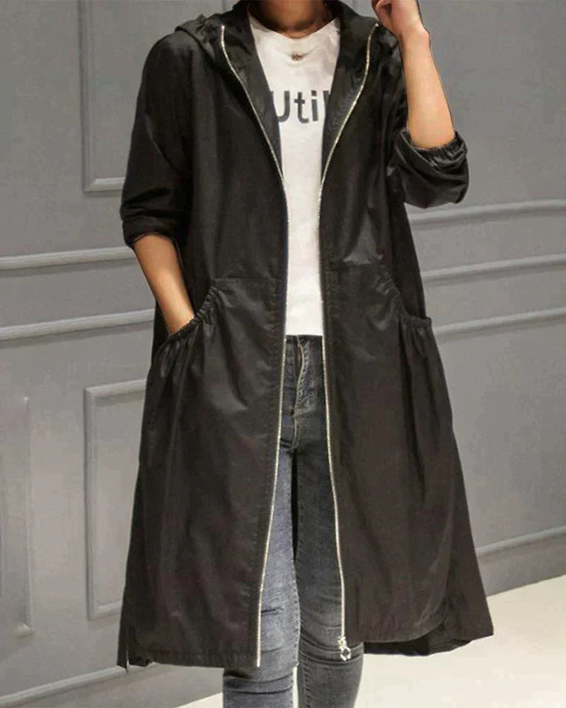 Mary - Elegant Long Hooded Raincoat - Black / M
