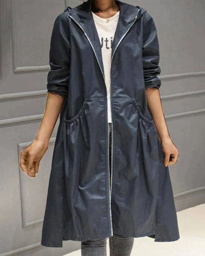 Mary - Elegant Long Hooded Raincoat - Donkerblauw / M