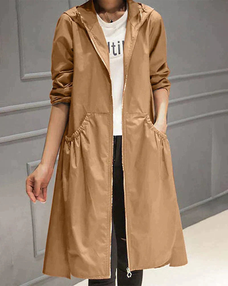 Mary - Elegant Long Hooded Raincoat - Light brown / M