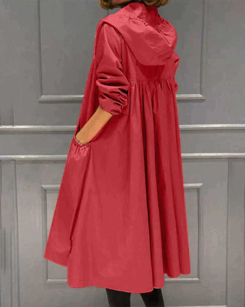 Mary - Elegant Long Hooded Raincoat - Red / M