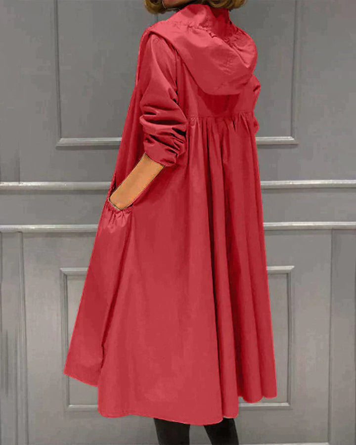 Mary - Elegant Long Hooded Raincoat - Red / M