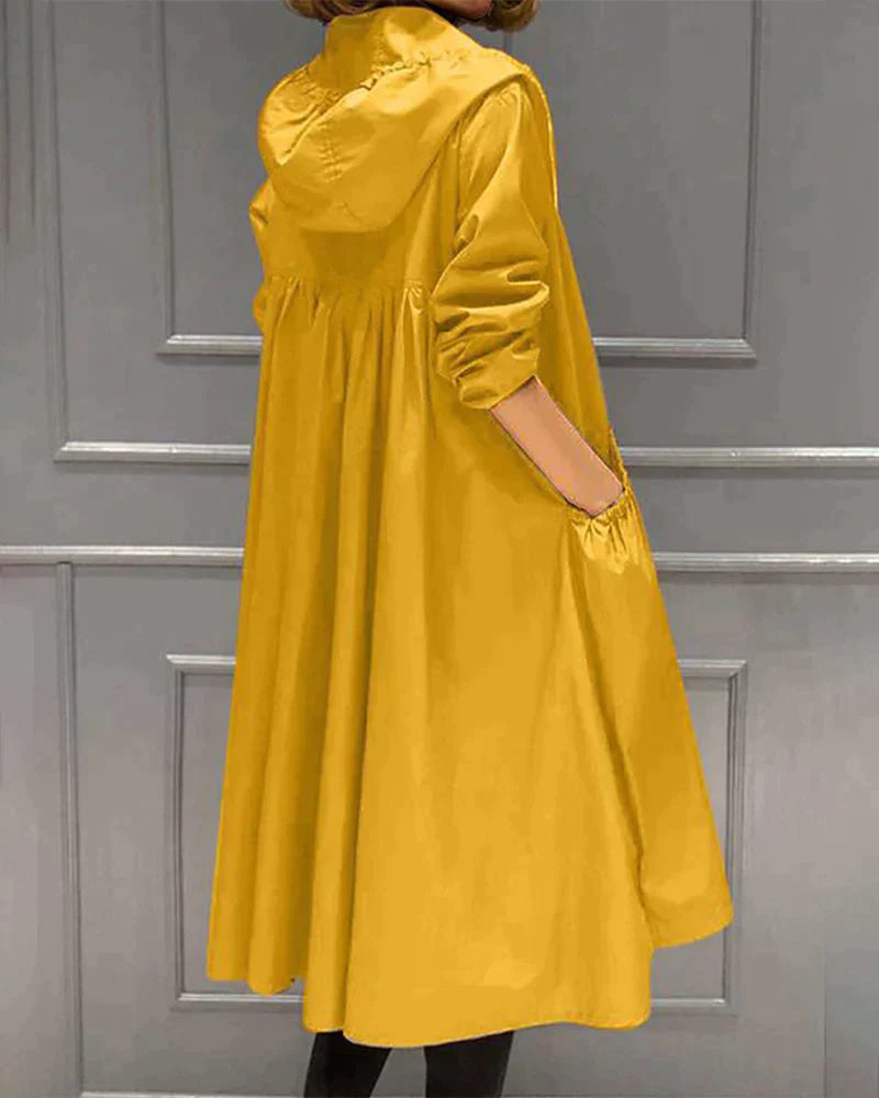 Mary - Elegant Long Hooded Raincoat - Yellow / M