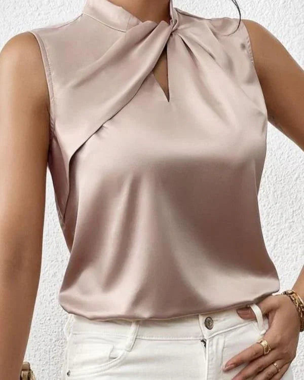 Adriana - Elegant Satin Sleeveless Blouse with Twisted Neckline - Champagne / S