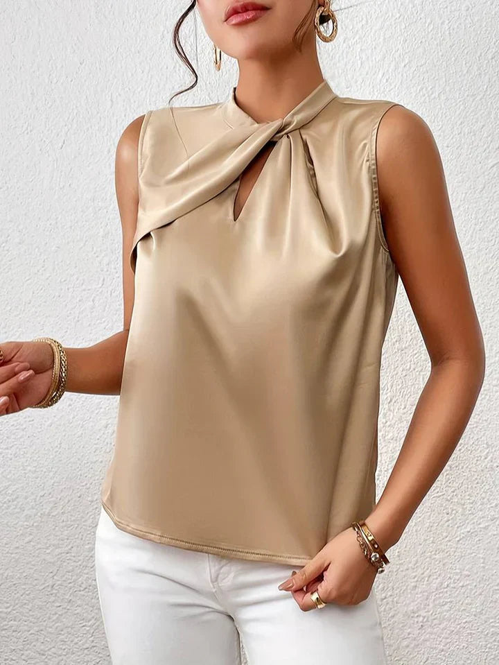 Adriana - Elegant Satin Sleeveless Blouse with Twisted Neckline - Gold / S