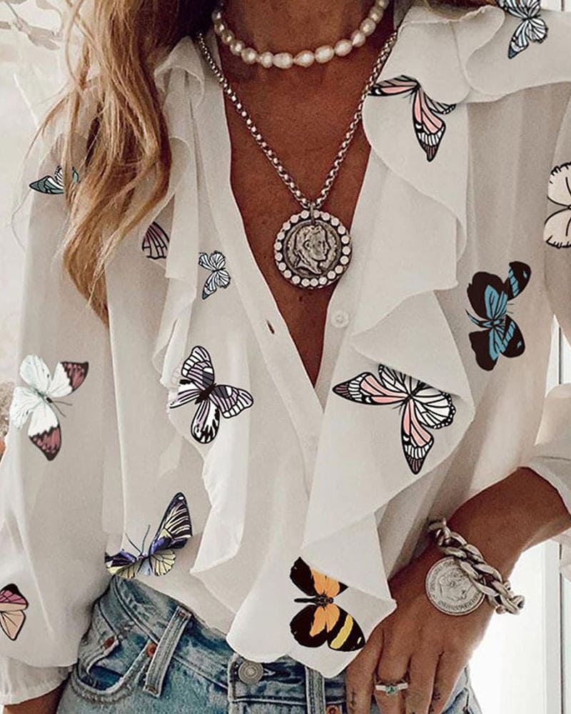 Aislinn - Blouse With Ruffles - Butterfly pattern / XS - Blouses & Shirts