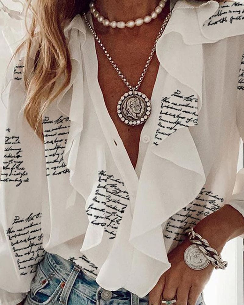 Aislinn - Blouse With Ruffles - White with text / XS - Blouses & Shirts