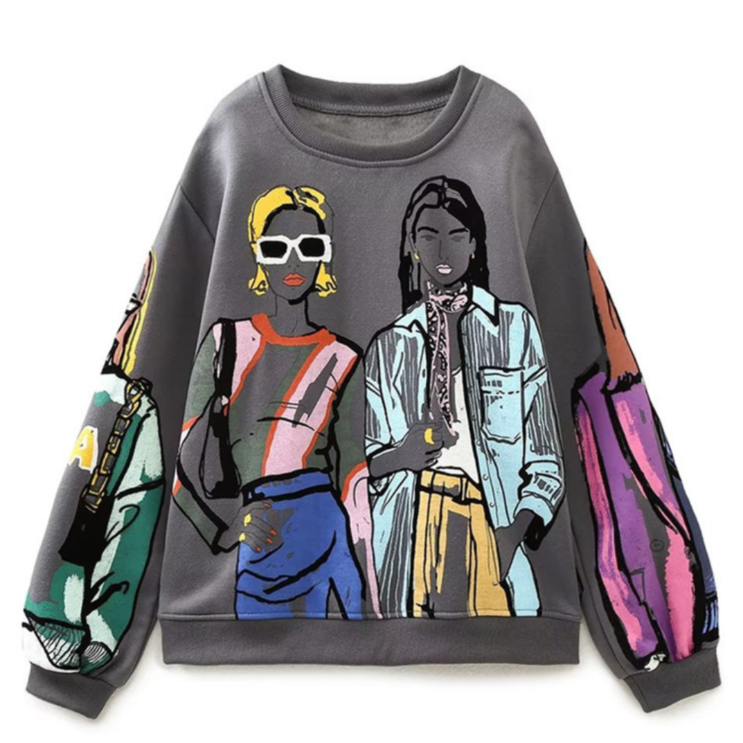 Alisha - Trendy Printed Sweatshirt - Grey/ pink / XS - Sweatshirt