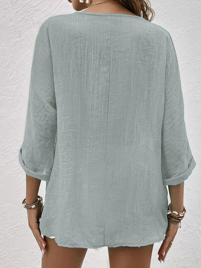 Claire - Blue Linen V Neck Shirt - Blouse