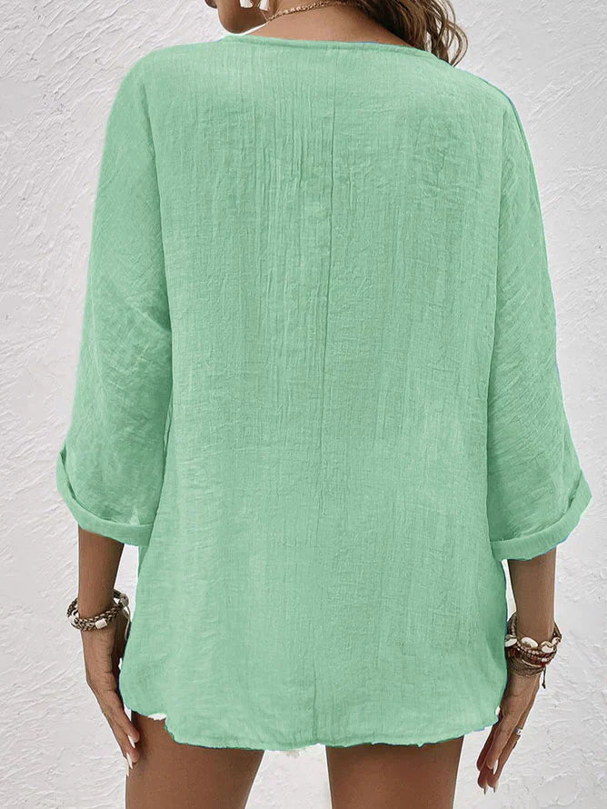 Claire - Blue Linen V Neck Shirt - Blouse