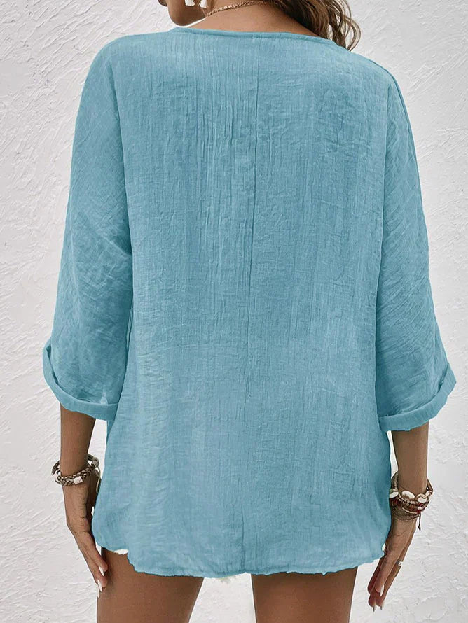 Claire - Blue Linen V Neck Shirt - Blouse