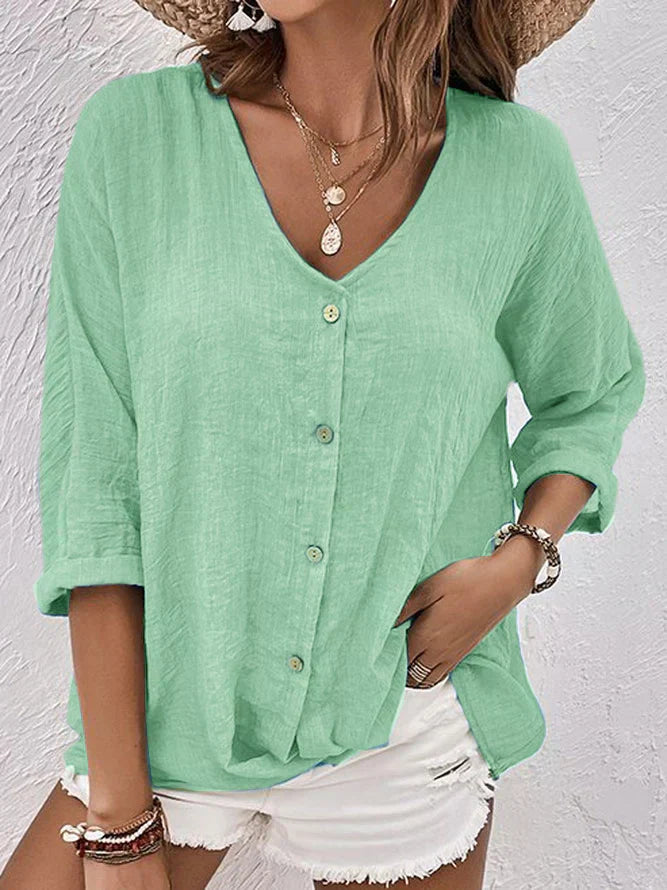 Claire - Blue Linen V Neck Shirt - Green / XS - Blouse
