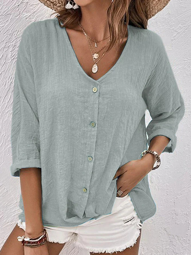 Claire - Blue Linen V Neck Shirt - Grey / XS - Blouse