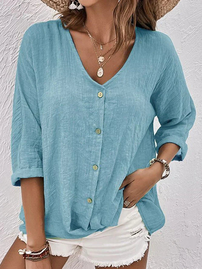 Claire - Blue Linen V Neck Shirt - Blue / XS - Blouse