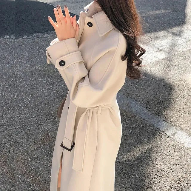 Elisa - Stylish Waist Belts and a Thick Long Coat for the Perfect All Match Fashion - Beige / S