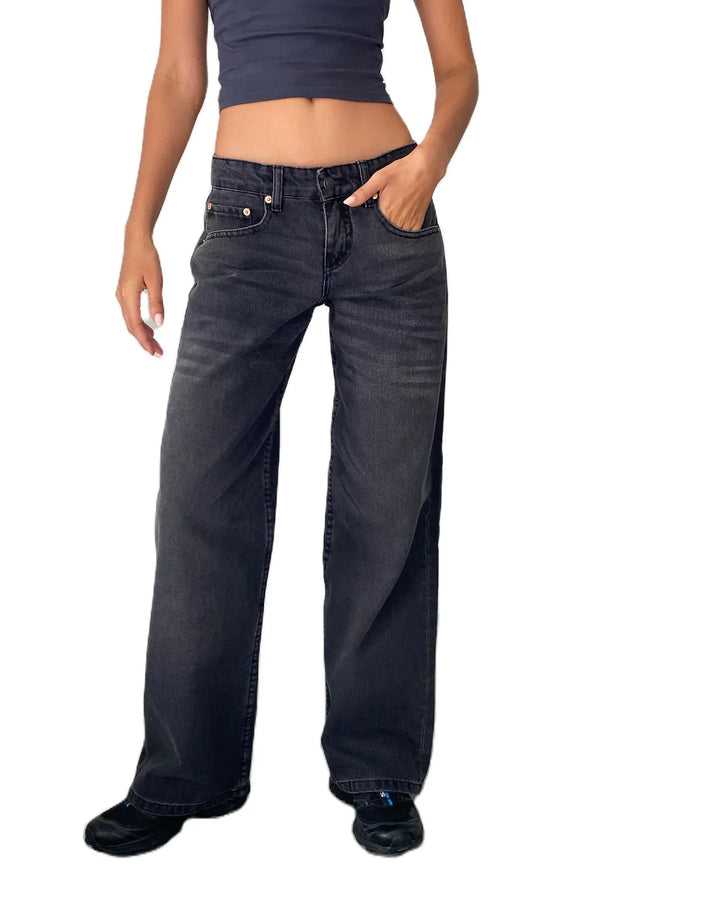 Esme - Trendy High Waist Baggy Jeans - Dark Grey / S