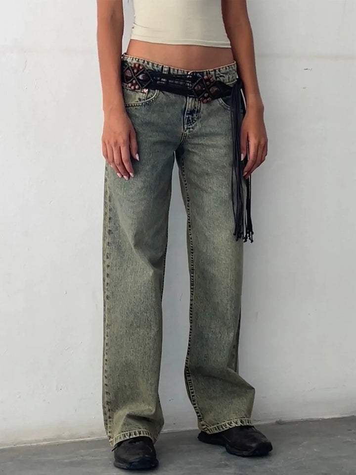 Esme - Trendy High Waist Baggy Jeans - Sand washed Blue / S