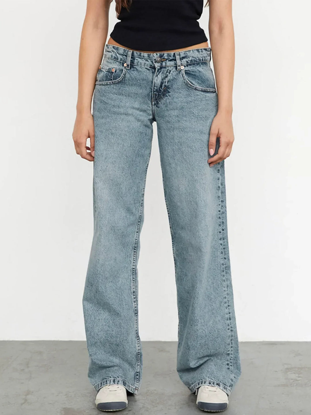 Esme - Trendy High Waist Baggy Jeans - Washed Blue / S