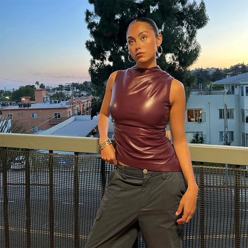 Evelyn - Leather Top In The Famous Burgundy And Black - Blouses & Shirt
