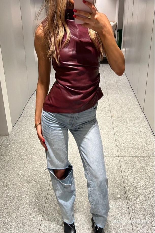 Evelyn - Leather Top In The Famous Burgundy And Black - Blouses & Shirt