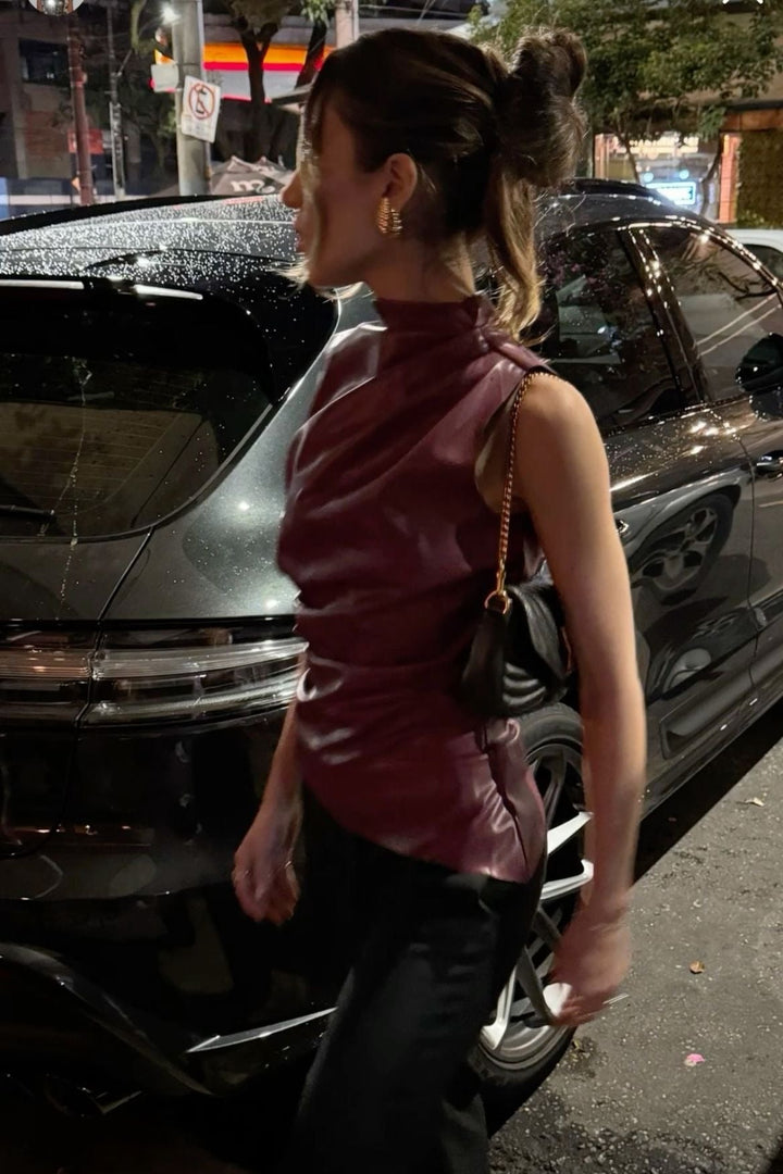 Evelyn - Leather Top In The Famous Burgundy And Black - Blouses & Shirt