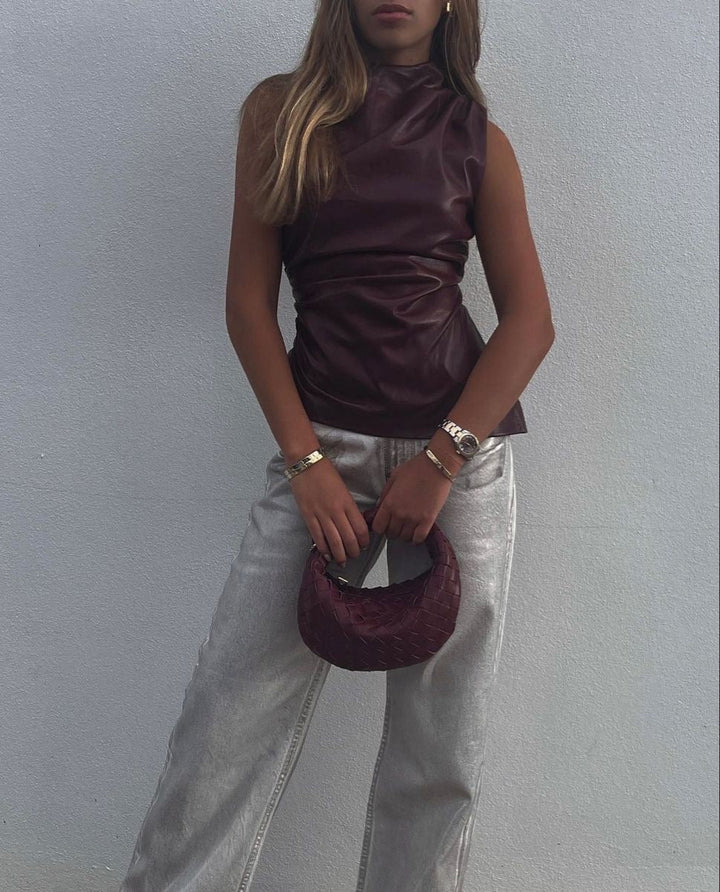 Evelyn - Leather Top In The Famous Burgundy And Black - Blouses & Shirt