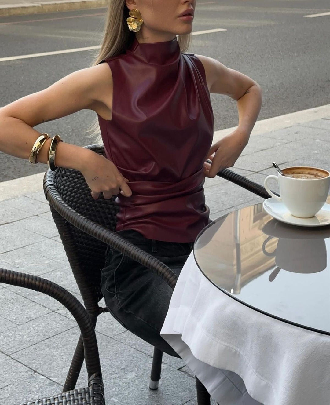 Evelyn - Leather Top In The Famous Burgundy And Black - Blouses & Shirt