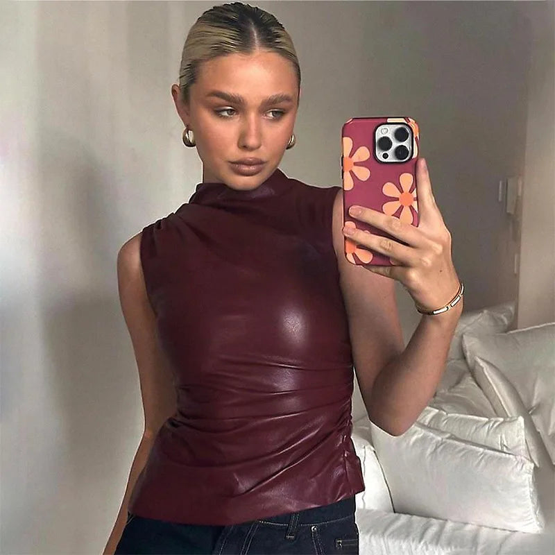 Evelyn - Leather Top In The Famous Burgundy And Black - Burgundy Red / XS - Blouses & Shirt