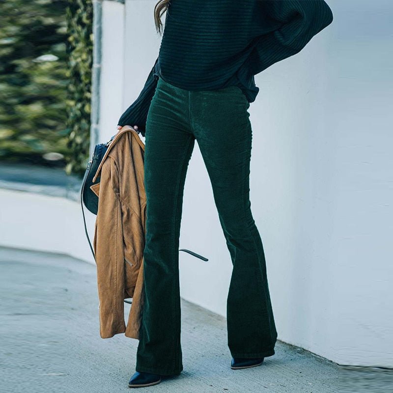 Hanne - Flared Corduroy Trousers - Green / S - Flared Corduroy Pants