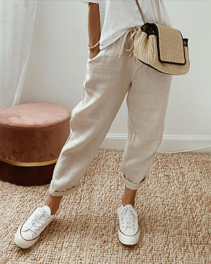 Helen - Comfortable Plain Trousers for Summer Vibes - Beige / S