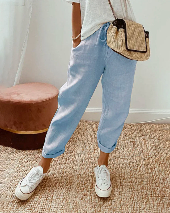 Helen - Comfortable Plain Trousers for Summer Vibes - Blue / S