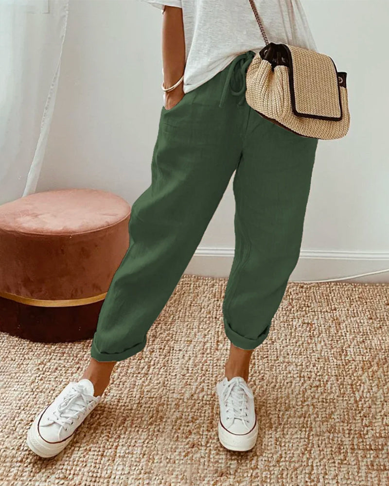 Helen - Comfortable Plain Trousers for Summer Vibes - Green / S