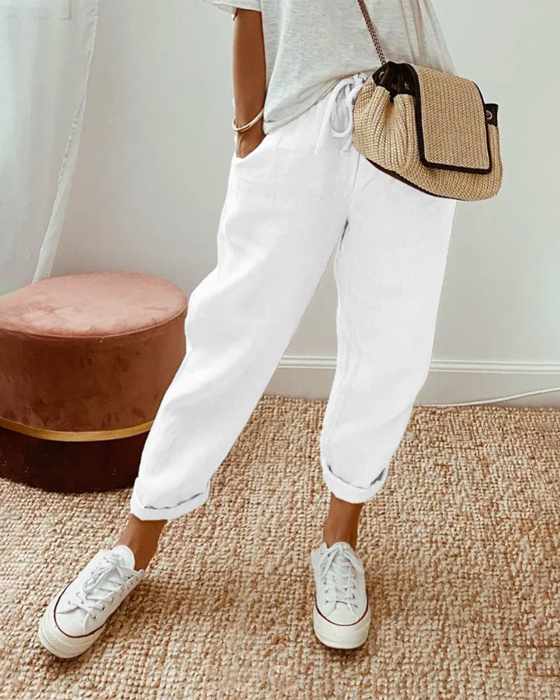 Helen - Comfortable Plain Trousers for Summer Vibes - White / S