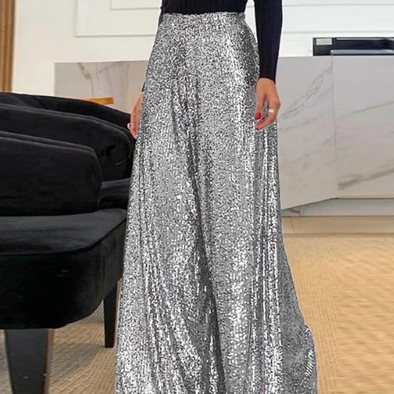 Idonea - Wide Sequin Pants - Silver / S - Wide Sequin Pants
