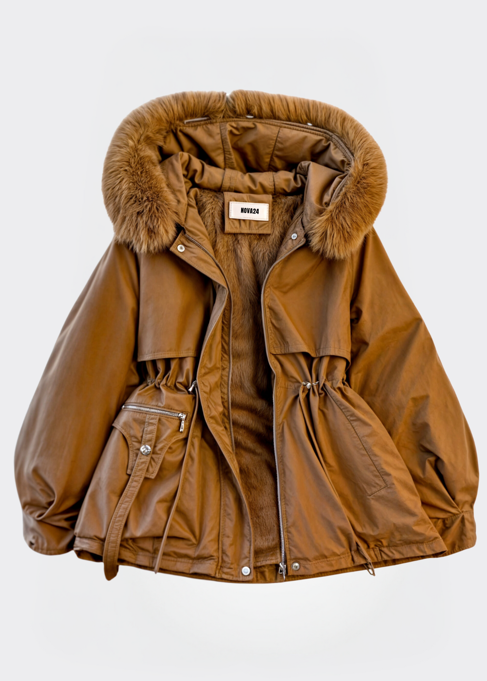 Indigo - Faux Fur Parka - Brown / M