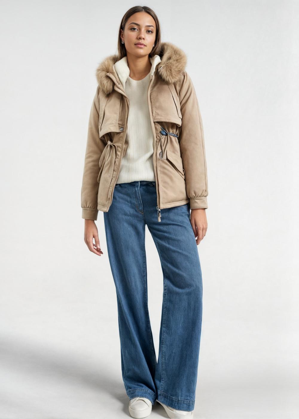 Indigo - Faux Fur Parka - Khaki / M