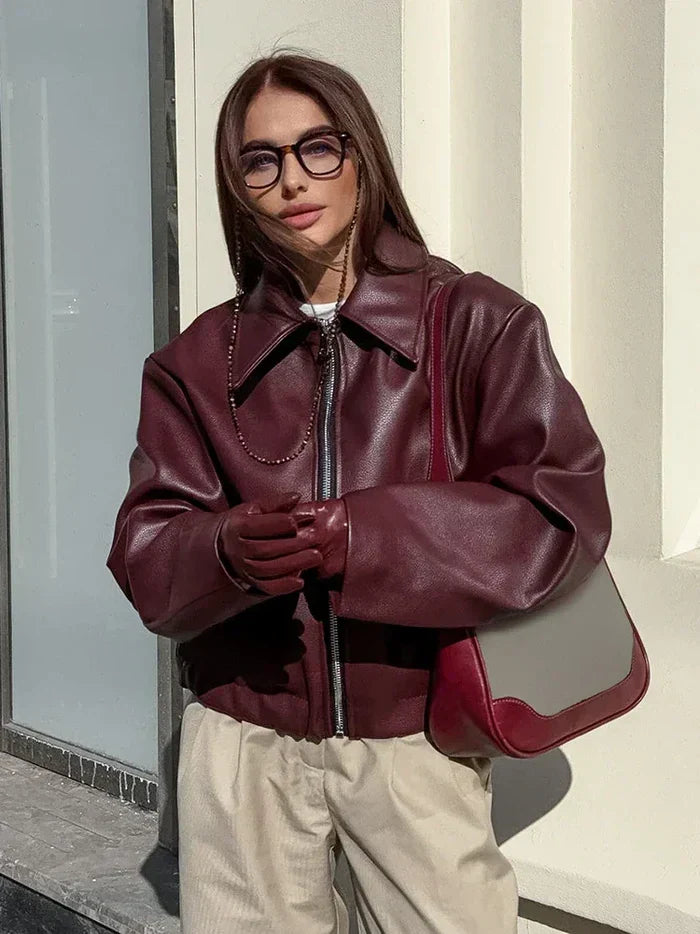 Iris - Classic Red Leather Jacket - Bordeaux Red / S