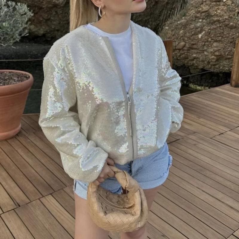 Izolda - Sequinned Bomber Jacket - Beige / XS - Bomber Jacket