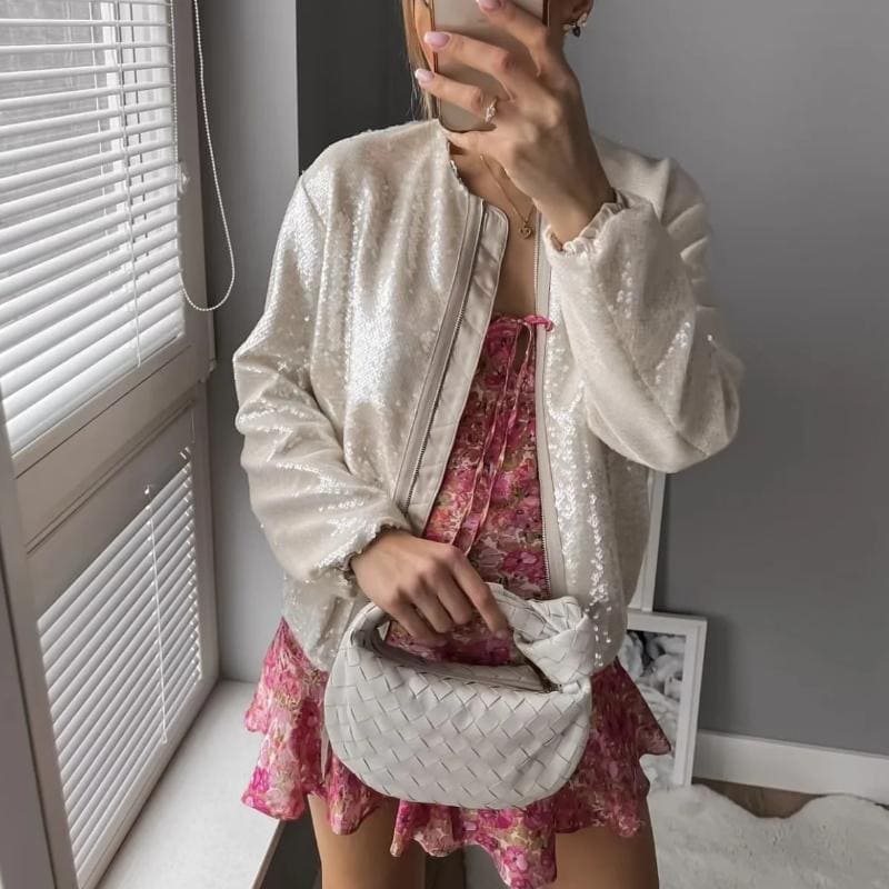 Izolda - Sequinned Bomber Jacket - Ivory / XS - Bomber Jacket