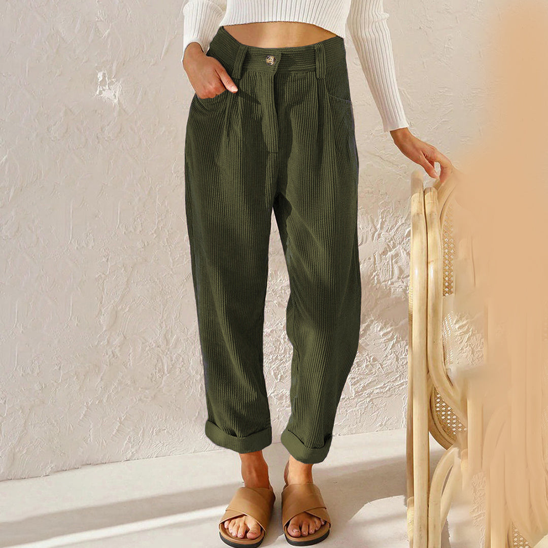 Janis - Comfortable Corduroy Trousers - Army green / S - Corduroy Pants