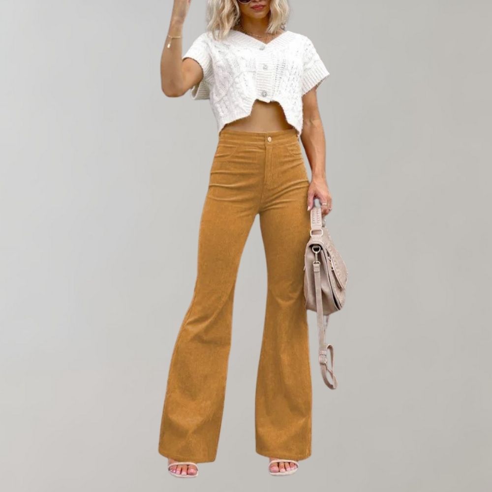 Josephine - Flared Corduroy Trousers - Gold / S - Corduroy Pants