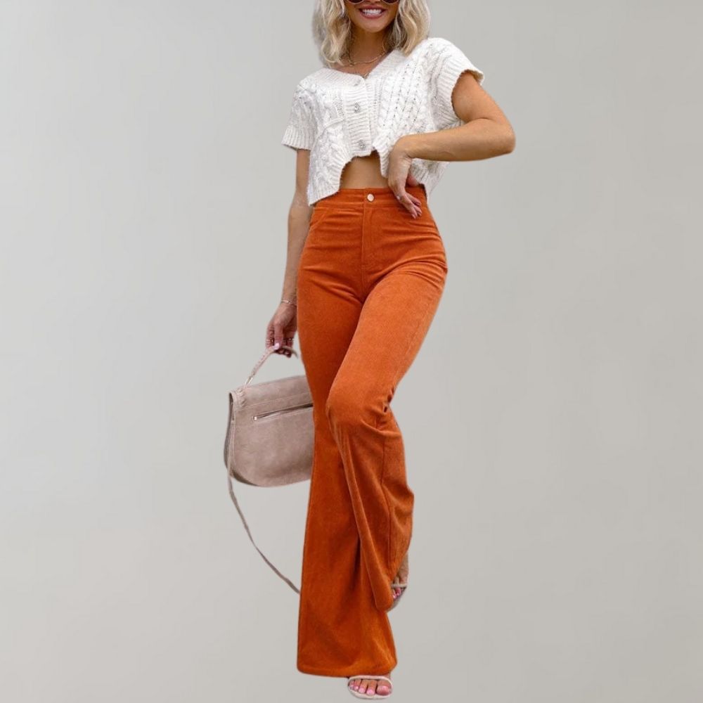 Josephine - Flared Corduroy Trousers - Orange / S - Corduroy Pants