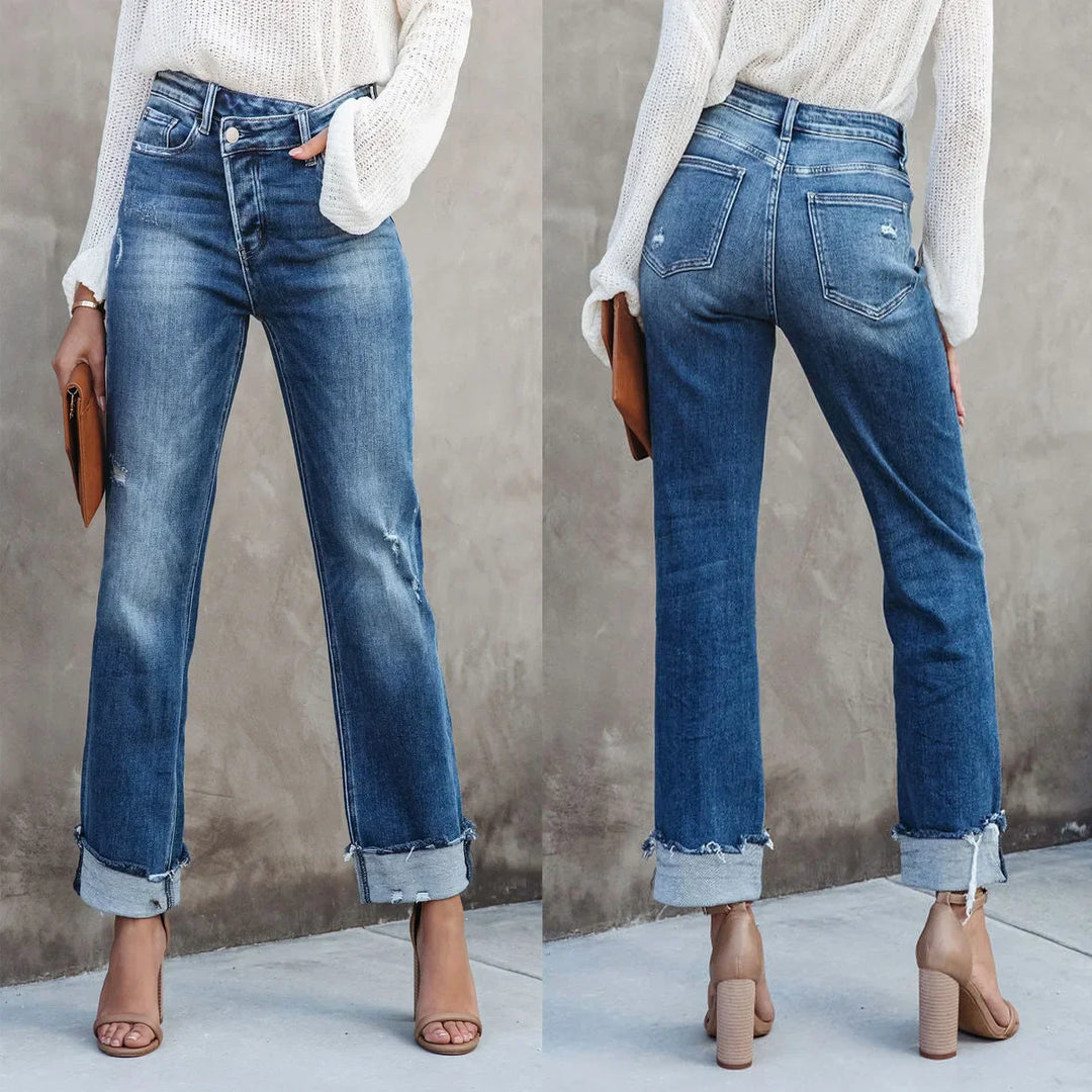 Kate - Straight Leg Jeans With A Playfull Crossed Button