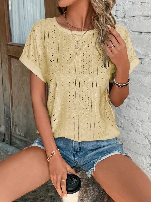 Katinka - Short-Sleeved Blouse With Embroidery - Yellow / XS - Blouse