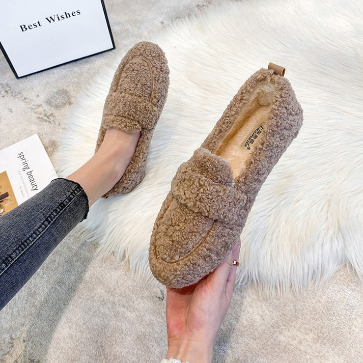Lara - Comfortable Teddy Loafers - Khaki / 35 - Shoes