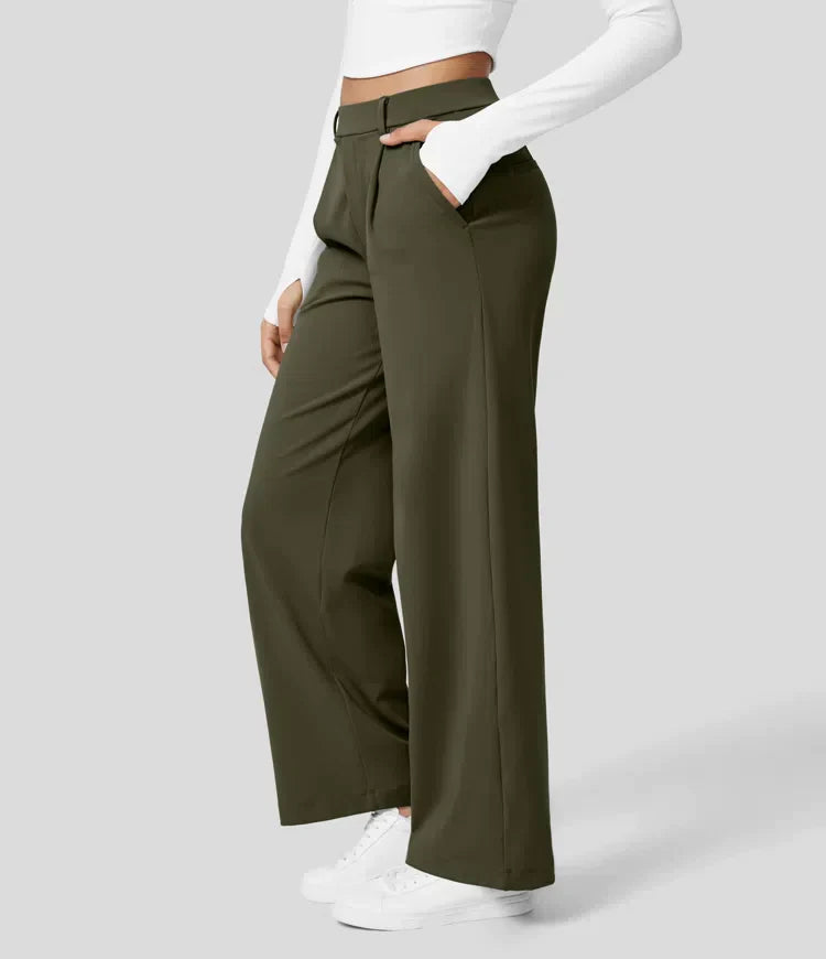 Lilly - High Waist Stretch Trousers with Straight Legs - Green / XS