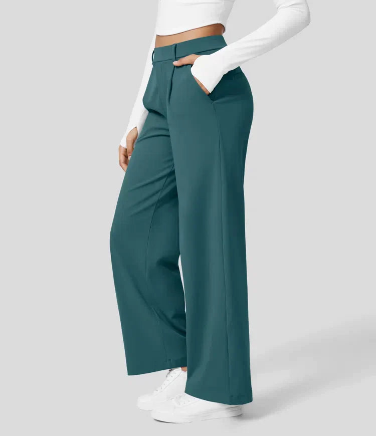 Lilly - High Waist Stretch Trousers with Straight Legs - The Depth of the Atlantic Ocean / S