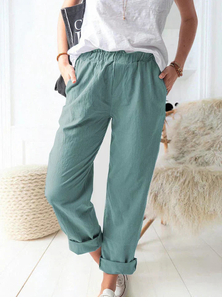 Marcella - Casual Linen Trousers with Elasticated Waistband Comfortable and Stylish - Blue / XS - Chino pants
