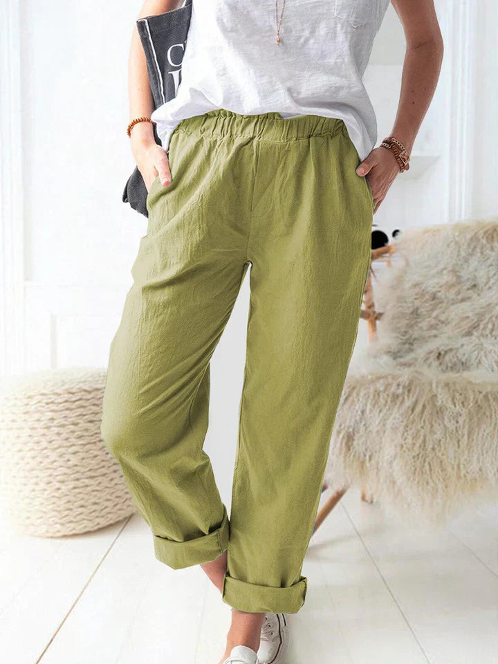 Marcella - Casual Linen Trousers with Elasticated Waistband Comfortable and Stylish - Green / XS - Chino pants